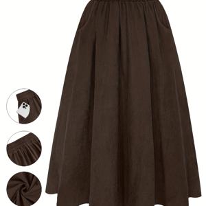 TEMU 플러스 사이즈, 여성용 겨울 맥시 스커트 포켓 포함 - 코듀로이 느낌 A라인 롱 스커트, 가을/겨울용 두꺼운 보온성, 세탁기 사용 가능한 우아한 브라운 팬츠 프리 드레스 (신축성 없는 코듀로이 느낌 소재) - 파티 의상용