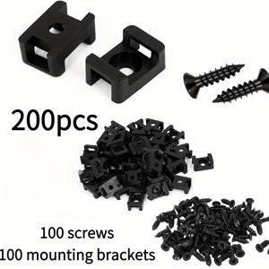 TEMU 200팩 헤비듀티 케이블 타이 마운트 스크류 포함 - 슬림 0.6x0.4 블랙 폴리머 와이어 앵커, 벽, 책상, 베이스보드용 영구 접착 기반 - 홈/오피스, TV, 컴퓨터, 네트워크 케이블용 코드 정리기 (드릴 설치 불필요)