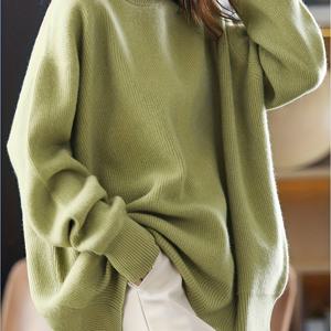 TEMU 여성용 오버사이즈 올리브 그린 스웨터 - 겨울용 따뜻한 두꺼운 텀미 컨트롤 라운드넥 스웨터 코트 재킷 스타일 레이어링 아이템, 핸드워시 가능한 루즈핏 커브 피겨용 (오피스, 캐주얼, 파티)