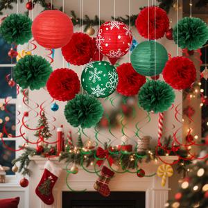 TEMU 26개 크리스마스 녹색 및 빨간색 종이 꽃 부케, 종이 랜턴, 나선형 라떼 아트 세트, 크리스마스 파티 행잉 장식, 천장 장식, 크리스마스 테마 파티 장식, 눈꽃 종이 랜턴 행잉 장식, 장식, 허니컴, 크리스마스 장식, 추수감사절 장식, 페이퍼 오너먼트, 생일파티장식, 가을 장식