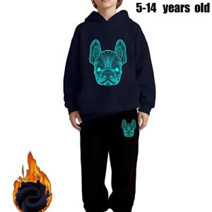 TEMU 2개 남아 & 여아 프렌치 불독 그래픽 후드 스웨트셔츠 & 조거 세트 - 두꺼운 따뜻한 겨울옷, 프렌치 불독 얼굴 프린트, 5-14세, 야외, 학교, 헬스장용 - 세탁기 사용 가능한 캐주얼 스포츠웨어, 할로윈 선물로 완벽