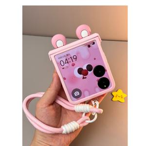 TEMU 힌지와 피부와 같은 질감이 있는 핑크 휴대폰 케이스 - 3D 핑크 귀 + 핑크 & 화이트 휴대 스트랩 (삼성 갤럭시 Z Flip7, Z Flip7 FE, Z Flip6, Z Flip5, Z Flip 4, Z Flip3 호환)