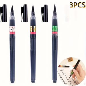 TEMU 3개 베버 테일 핸들 소프트 브러쉬 펜 - 대형, 중형, 소형 | 휴대용 일본 캘리그라피 브러쉬, 속건성 잉크 | 교체 가능한 잉크 , 미술, 필기 및 캘리그라피 연습에 적합 | 교체 가능한 잉크|캘리그라피