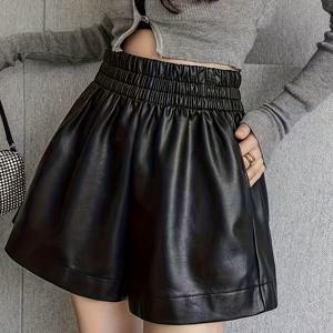 TEMU 하이웨이스트 와이드 레그 A라인 쇼츠 - 사계절용 PU 팬츠, 탄력 있는 허리밴드, 복부 컨트롤 & 엉덩이 리프팅 - 캐주얼에서 드레시까지 단색 (블랙/화이트/네이비) - 손세탁/드라이클리닝 - 청바지 레이어링용 다용도 바지|반바지