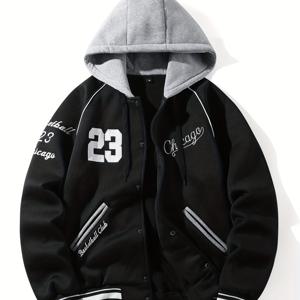 TEMU 남성 스트리트웨어 후드 야구 재킷 - 파이핑, 스냅 클로저, 긴소매, 레귤러 핏, 가을/겨울 캐주얼 아우터, 데일리 스트리트웨어