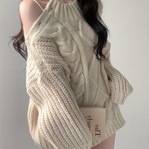 TEMU 새로운 가을 여성 니트웨어, 콜드 숄더 시크 노트 디자인 버튼 케이블 롱 스웨터, 겨울 의류, 롱 슬리브 다용도 여성 스웨터, 여성 겨울 의류, 니안니안