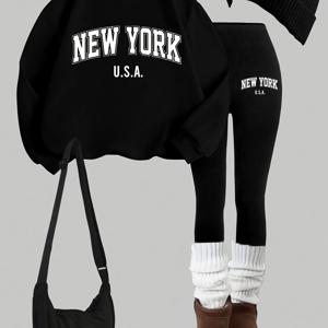 TEMU 와일드 아르테미시아 0908, 1세트 캐주얼 여성 스웨트셔츠 아웃핏, 2피스 레터 프린트 크루넥 긴팔 탑 & 하이웨이스트 레깅스, 가을/겨울용 단독 또는 레이어드 착용 가능