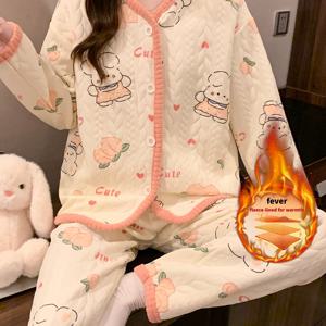 TEMU 여성용 포근한 만화 파자마 세트 - 긴소매 버튼업 상의 (포켓 포함) & 탄성 허리 밴드 바지, 부드럽고 두꺼운 원단, V넥, 가을 & 겨울에 적합, 포근한 홈웨어, 파자마, 겨울용, 잠옷, 허리밴드, 잠옷 세트, 여성잠옷|잠옷|블라우스|파자마