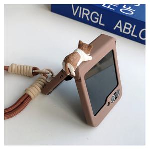 TEMU 힌지 미드프레임 브라운 + 3D DIY 플랫 오렌지 고양이 + 더블 버클 캐리 스트랩 삼성 갤럭시 Z 플립 7, 갤럭시 Z 플립 7 FE, 갤럭시 Z 플립 6, 갤럭시 Z 플립 5, 갤럭시 Z 플립 4, 갤럭시 Z 플립 3 호환 휴대폰 케이스