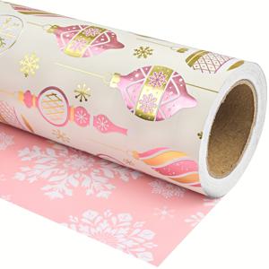 TEMU 1롤 크리스마스 알루미늄 포장지 롤 - 양면 크리스마스 포장지 - 핑크와 화이트 골든 벨 장식 디자인, 파티 축하 장식용, 17인치 x 16.5피트, 계절 장식,축제 프린트,부드러운 질감,선물 포장지,선물 주는 사람들