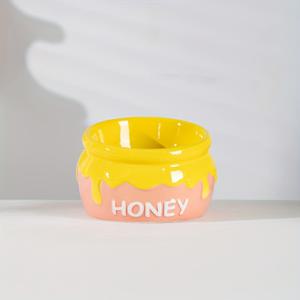TEMU 달콤한 꿀통 모양 애완 동물 밥그릇 - 핑크 & 옐로우 투톤 세라믹 음식 & 물그릇, 고양이 & 강아지용, 2가지 사이즈 (높이 & 짧이), 튼튼하고 세척이 용이한 디자인, 배터리 없음, 재미있는 디자인, 간편한 세척 밥그릇