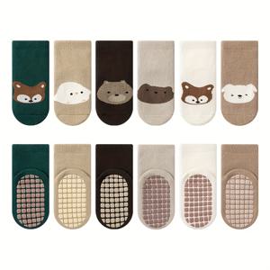 TEMU 6팩 어린이 만화 동물 점착 유아용 양말, 실내용 부드러운 밑창 미끄럼 방지 만화 중목양말 남아 여아용, 유아용 신발,미끄럼 방지 양말,재미있는 키즈웨어,동물 프린트 양말,손세탁만 가능,통기성 원단,발목 양말,부모님 선물