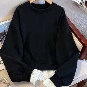 TEMU 여성용 레이스 패치워크 라운드넥 루즈 탑