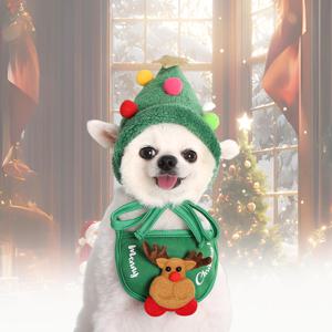 TEMU 크리스마스 애완동물 세트 트리 모자 & 산타토끼 턱받이 - 귀여운 코스튬, 산타 모자 & 산타토끼 디자인, 부드러운 폴리에스터, 고양이 & 강아지에게 완벽, 축제 분위기 의상, |축제 분위기 애완동물 코스튬|부드러운 폴리에스터 모자, 크리스마스 강아지 옷