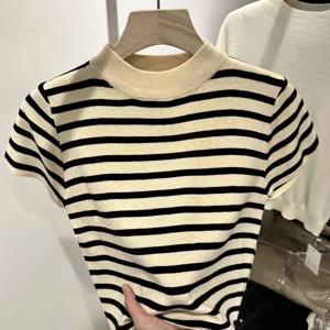 TEMU 여성 슬림핏 세미 하이넥 티셔츠 - & 가로 , 반팔 여름 블라우스, 캐주얼 & 포멀 의상용 통기성 탑