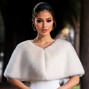 TEMU 여성용 우아한 인조 모피 숄 - 고급 웨딩 & 파티 케이프, 플러시 모피 질감, 통기성 & 방풍, 신부용 포멀 이벤트 숄, 프롬, 웨딩 숄, 프롬 복장, 세련된 디자인, 브라이덜 숄