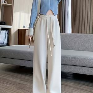 TEMU 1개 여성용 겨울 보온 바지 - 코듀로이 느낌의 와이드 레그 팬츠, 신축성 있는 허리밴드 & 드로스트링, 한국 스타일 하이웨이스트 풀 레그 레깅스 (9/10th 길이), 추운 날씨용, 손세탁 가능, 캐주얼에서 포멀까지 어울리는 우아한 디자인|냉장고바지|바지