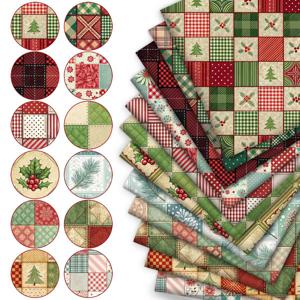 TEMU 12개 9.45*19.7인치 크리스마스 테마 퀼트 프린트 레드 & 그린 체크무늬 크리스마스 트리 패턴 장식 수제 12개 총 디자인 스타일 8부 직물 번들, 지갑 제작, 베갯잇, DIY 지갑 제작