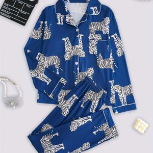 TEMU 2pcs 여성용 우아한 블루 프린트 파자마 세트 - 긴소매 버튼업 셔츠 & 포켓 바지, 사계절 내내 편안한 홈웨어, 캐주얼 스타일, 성인에게 적합, 편안한 홈웨어 | 우아한 파자마 세트 | 편안한 착용감, 파자마