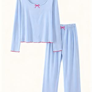 TEMU 여성용 플러시 골지 파자마 세트, 보우 타이 장식 | 크루넥, 긴소매, 긴 바지, 레터스 트림 디테일, 봄/가을용 단색|잠옷|냉장고바지|파자마