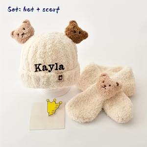 TEMU 모자 + 스카프 투피스 세트 - 맞춤 자수 개인화 이름/글자/텍스트, 휴일 겨울 모자 – 신축성 있는 통기성 비니, 이중 레이어 따뜻한 귀 덮개 디자인, 부드럽고 가벼운, 일상 착용에 적합, 필수 겨울 외출 의류, 추운 날씨 장비, 손세탁 전용, 자수 모자, 휴일 쇼핑자를 위한 최고의 선택