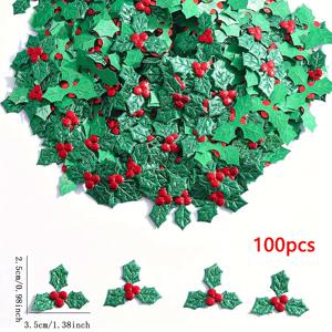 TEMU 100개 크리스마스 홀리 잎 미니 레이저 컷 녹색 잎사귀, 빨간색 열매 흩어짐 콘페티 - 인조 패브릭 장식 인사말 카드 & 파티 용품, 축제 행사 & 파티 장식, 크리스마스 장식, 크리스마스에 최고