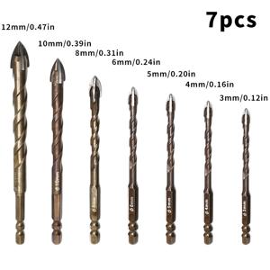 TEMU 7피스 헤비듀티 텅스텐 스틸 드릴 비트 세트 (3-12mm) - 타일, 유리, 콘크리트, 대리석, 목재, 금속 드릴링용 멀티펑션 삼각형 팁 & 크로스 헥스 샹크 - 전문가/DIY 홀 오프너 & 카운터싱크 툴 키트, 테이퍼드 비트 포함
