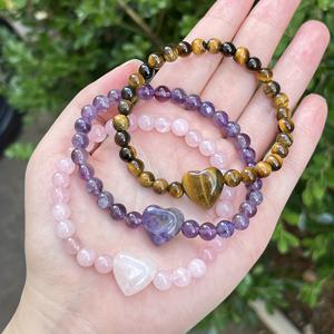 TEMU 3개 세트 여성용 천연 호안석, 로즈쿼츠 & 자수정 팔찌 - 하트 비즈 참 주얼리, 매끄러운 연마 보석 비즈, 캐주얼 의상용 /어머니날/크리스마스 선물 포함 선물 카드 (천연 내포물)