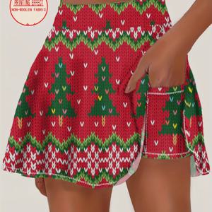 TEMU 여성 크리스마스 트리 프린트 스커트 - 레드 & 그린 스커트 (포켓 포함), 크리스마스, 헬스, 요가, 런닝, 테니스, 골프용 신축성 있는 원단 - 올 시즌 파티 의상 - 여성용 간편 관리 운동 스커트, 크리스마스 스커트, 축제 의상