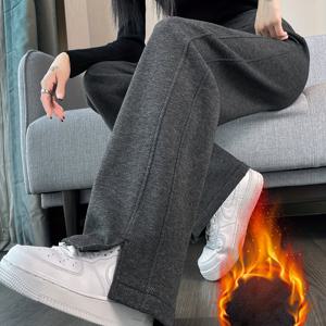 TEMU 여성용 두꺼운 기모 안감 하이웨이스트 와이드 레그 트라우저 - 겨울 따뜻함, 탄성 허리 & 포켓, 단색 캐주얼 바지 (가을/겨울용), /중성 톤, 세탁기 사용 가능