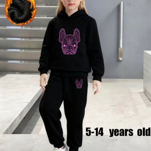 TEMU 여아용 패셔너블 가을 겨울 캐주얼 스포츠 스타일, 핑크 프렌치 불독 프린트 긴팔 안감 따뜻한 후드 스웨트셔츠 + 조거 팬츠 투피스 세트, 야외 일상복에 적합, 야외 활동에 완벽