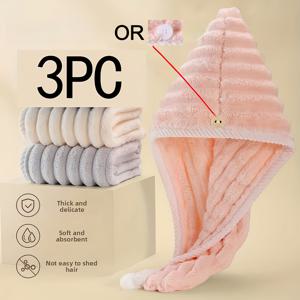 TEMU 3개입 두꺼운 사탕 산호 양털 헤어 타월, 흡수성이 뛰어난 부드러운 드라이 헤어 캡, 엑스트라 라지 사이즈 웨이브 패턴, 초흡수성, 드라이ヤ스러움 없음, 모던한 부드러운 색상, 헤어 타월 파우치, 이상적인 욕실 액세서리