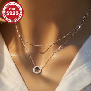 TEMU S925 스테인리스 실버 여성 클래식 패션 목걸이, 원 단어 원형 목걸이, S925 스테인리스 실버 이중 레이어 기하학 흉골 체인, 고급 럭셔리, 다양한 행사에 적합|은목걸이