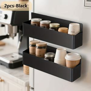 TEMU 2/4팩 대형 자석 플라스틱 보관 바구니 - 헤비듀티 블랙 냉장고 자석, 드릴/접착제 없는 설치, 공간 절약형 다기능 주방 정리함, 냉장고, 전자레인지, 세탁기용 걸이 선반 (양념 & 주방용품, 플로팅 선반)