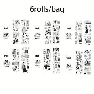 TEMU 6롤/봉투 테이프 세트 - 블랙 & 화이트 라인 아트 캐릭터 컷아웃, 스크랩북, 노트북, 사진 프레임, 휴대폰 케이스, 물병, 문구 상자용 - 학교 용품 및 책상 장식, 스크랩북 용품 | 장식 테이프 | 페이퍼|편지지