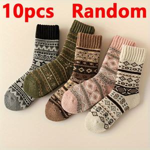 TEMU 10개입 여성용 두꺼운 겨울 따뜻한 기모 안감 미드-카프 양말 - 오버사이즈 라운드 토 & 프릴 트림, 부드러운 플러시 질감, 손세탁 가능, /브라운