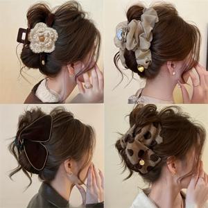 TEMU 4개 여성용 우아한 대형 삼각 헤어 클립 - 빈티지 물방울 무늬 & 상어 디자인, 리본 & 꽃 장식, 내구성 좋은 플라스틱 헤어, 가을/겨울용, 생일 파티 & 데일리 스타일링, 헤어 클립, 시즌별 헤어 액세서리, 빈티지 헤어피스