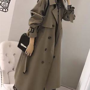 TEMU 여성 데일리 통근 더블 카라 벨트 루즈핏 롱 트렌치코트 블랙 카키 캐주얼 폴리에스테르 봄 가을 야상 데이트 롱 점퍼 겉옷 상의 코디 코트