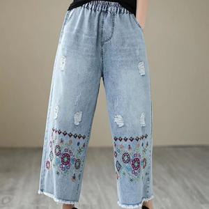 TEMU 여성 봄여름 9부 청바지 자수 찢어진 루즈핏 허리밴딩 와일드팬츠 빈티지 캐주얼 연블루 포켓 디자인 에스닉풍