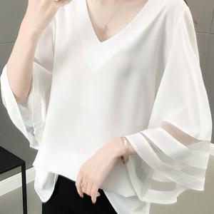 TEMU 여성 블라우스 브이넥 여름 나팔 펀칭 루즈핏 상의 패션 통근