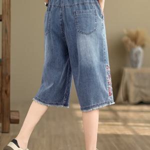 TEMU 여성 봄여름 자수 솔리드 편안 통기 캐주얼 디자인 유니크한 에스닉 스타일의 예쁜 루즈핏 6부 허리밴딩 데님 반바지