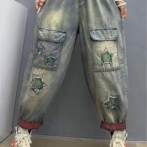 TEMU 여성용 배기 팬츠 심플 빈티지 청바지 에스닉 자수 별 찢김 구제 데님 밴딩 캐주얼 조거 팬츠
