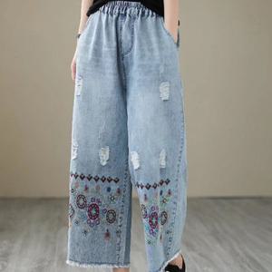 TEMU 여성용 봄 여유로운 허리 밴드 자수 9 번째 데님 청바지 여성용 일상용 편안한 손상 넓은 바지 새로운 제품