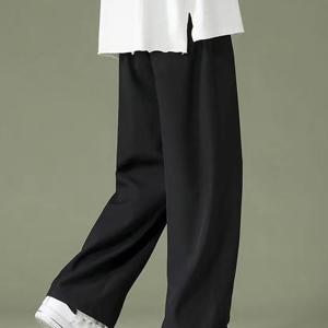 TEMU 남자 여름 아이스 슬랙스 냉감 바지 시원한 밴딩 빅사이즈 편한 팬츠 일자 캐주얼 바지 블랙 폴리에스테르섬유 포켓 디자인