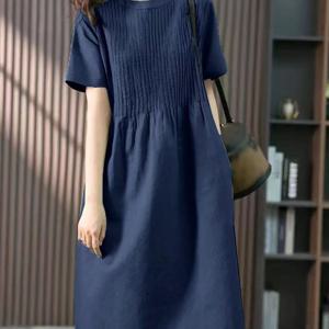 TEMU 여성용 여름 리넨 원피스 데일리 캐주얼 루즈핏 골지 장식 라운드 미디 반팔 루즈핏 캐주얼 A라인 스커트 무릎 롱스커트