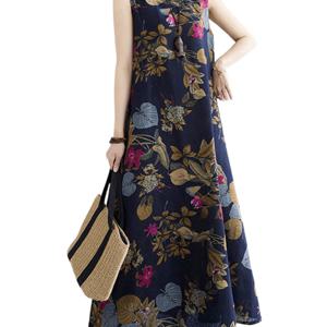 TEMU 여성 봄 여름 데일리 캐주얼 빅사이즈 원피스 빈티지 패션 프린트 포인트 라운드 민소매 루즈핏 롱 편안한 나시 원피스|나시원피스