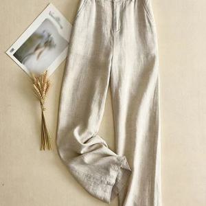 TEMU 여성용 하이웨이스트 면 마 와이드 팬츠 봄 여름 얇은 일자 슬랙스 캐주얼 팬츠 데일리 편안 통기성 프릴 밴딩 허리 린넨 긴 바지