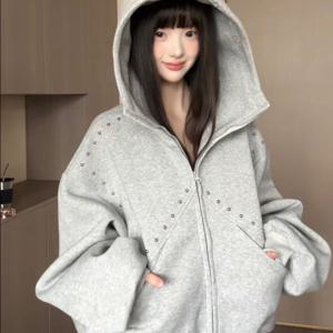 TEMU 스플라이싱 리벳 후드 스웨터 여성 가을 신상 캐주얼 루즈 레트로 스위트 쿨 자켓