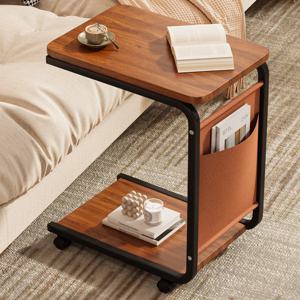 TEMU [국내발송] 브라운 C자형 롤링 사이드 테이블 스토리지 백 360도 무소음 바퀴 침대 옆 거실 침실 다용도 간편 이동 공간활용 접이식 편리한 수납 이동식 사무실 싱글 대형