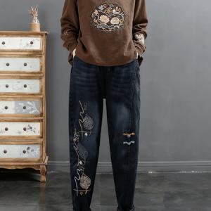 TEMU 여성 가을 겨울 긴바지 배기팬츠 하이웨스트 자수 문예 패션 통근 스판 데님 팬츠 데일리 SLIM GIRL 슬림소녀